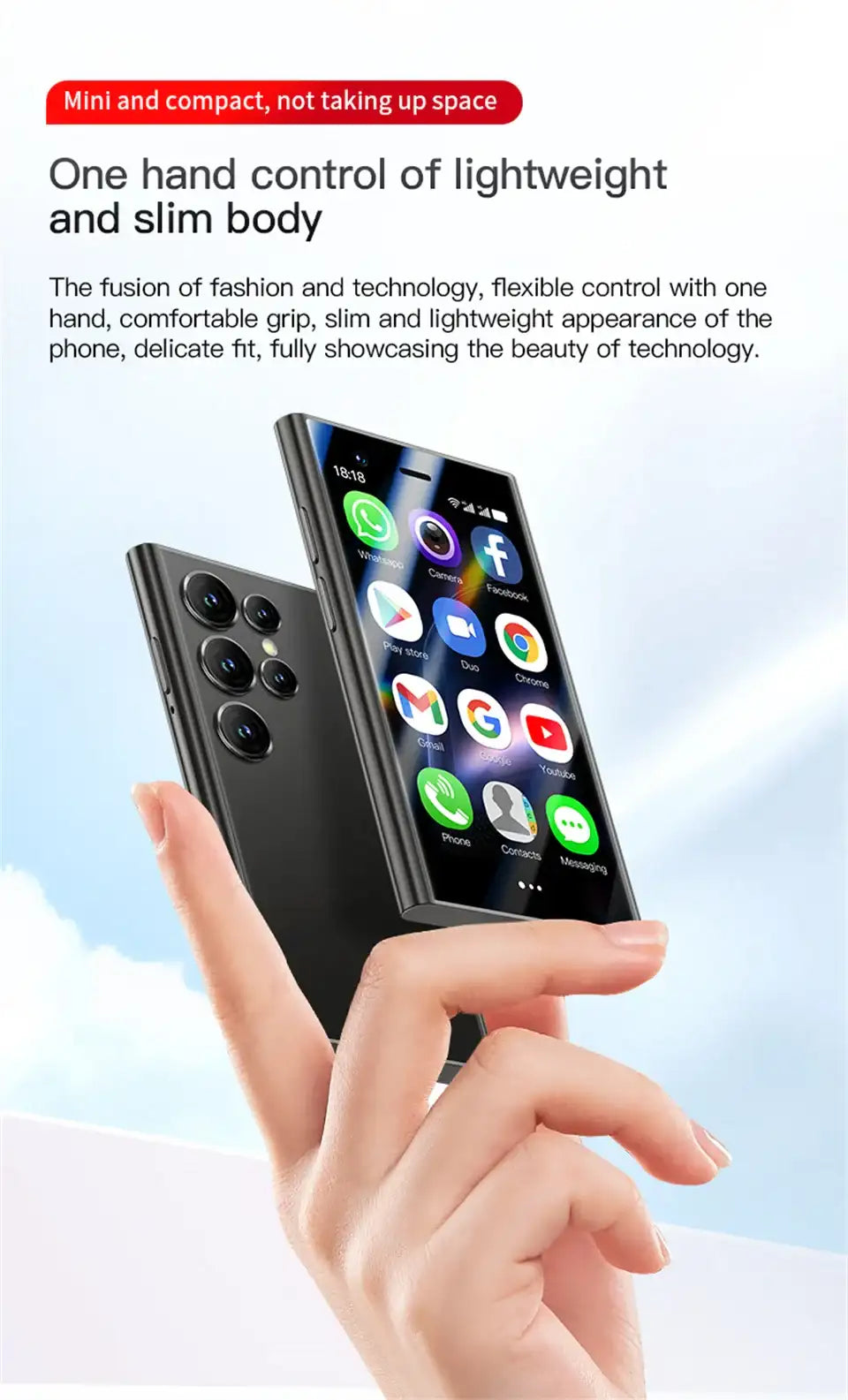 Hand holding SOYES S24 Pro Max mini smartphone slim black device with app icons on screen and multiple rear cameras