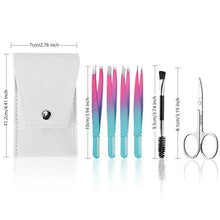 Eyebrow tweezer set with 6 pink-to-teal tweezers, brush, and curved scissors