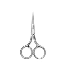 Silver-tone manicure scissors with pointed tip and round finger loops.