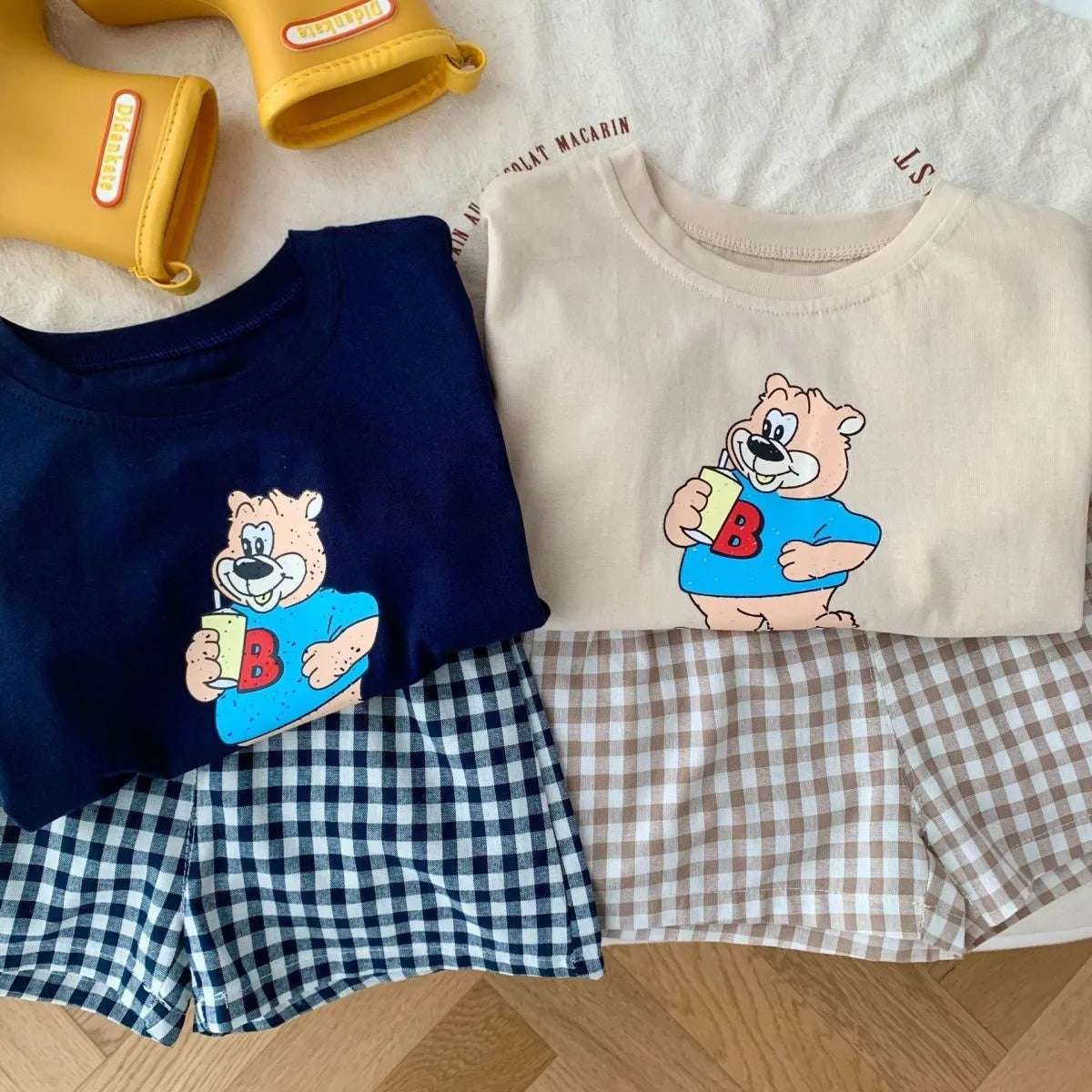 Cartoon Pattern Children Short Sleeved Suit T-shirt Outfits Summer Clothing Loose Fashion Casual Two Piece Set Plaid Shorts Set