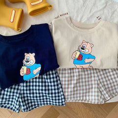 Cartoon Pattern Children Short Sleeved Suit T-shirt Outfits Summer Clothing Loose Fashion Casual Two Piece Set Plaid Shorts Set