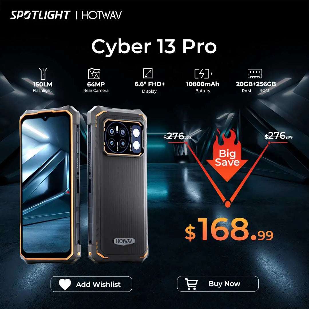 [World Premiere] HOTWAV Cyber 13 Pro 150LM Flashlight 20GB+256GB 6.6'' FHD+ 2K 10800mAh 20W Fast Charging 64MP Android 13 Global