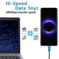 كابل USB من النوع C لمزامنة البيانات 2.4 أمبير شحن سريع لهاتف Samsung Huawei Android المحمول بطول 1 متر و2 متر و3 متر كابل شاحن من النايلون المضفر