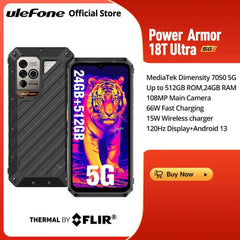 Ulefone Power Armor 18T Ultra 5G Rugged Smartphone，Dimensity 7050，512GB ROM +24GB RAM ，THERMAL BY FLIR®,Android  13，108MP