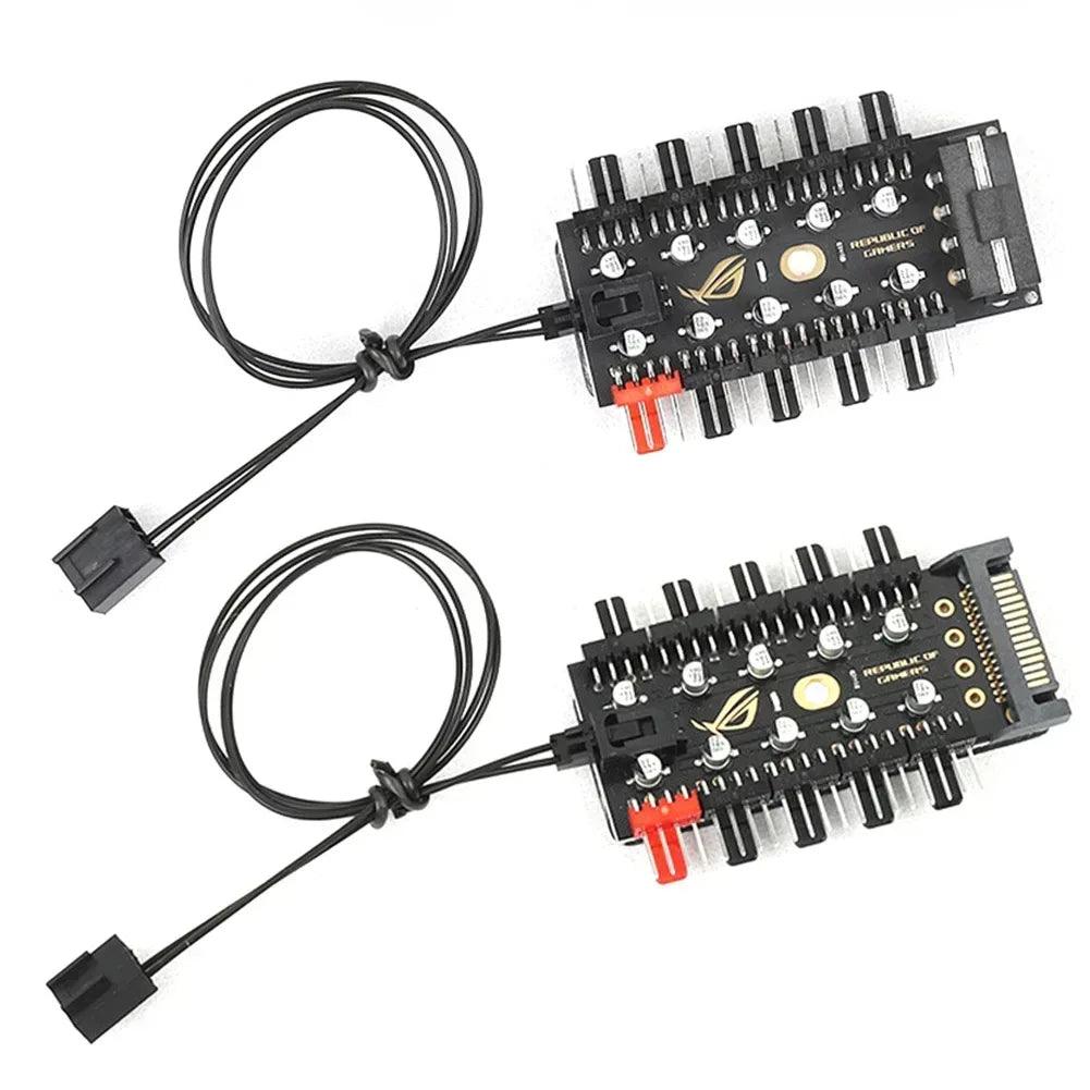 4-pin PWM fan hub splitter board pair with black cables and pin header outputs