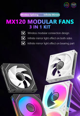 مروحة تبريد JUMPEAK MX120 اللاسلكية المعيارية مقاس 360 مم، مقاس 120 مم، ARGB، تأثير المرآة اللانهائية، لمبرد مياه الكمبيوتر