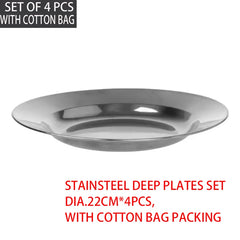 20cm Round Metal Dish Camping Stainless Steel 304 Serving Dinner Plates 4 Pack with alleco cotton bag for BBQ, Snack, Salad