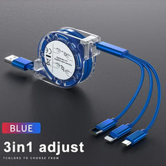 3-in-1 Telescopic USB Fast Charging Cable for iPhone 15/Samsung S23/Huawei, Type-C & Android Phone, 3A Nylon-Braided Durable Cha