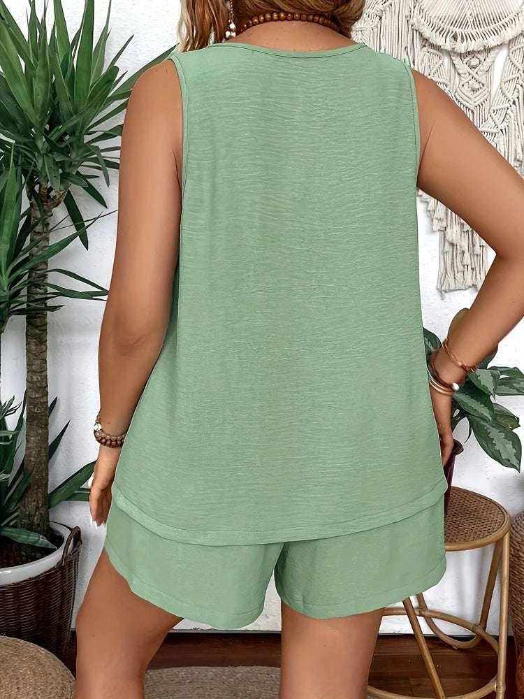 Plus Size Women's 2025 Summer New Sleeveless Round Neck Vest Casual Short Solid Colour Home Commuter Style Two Piece Set