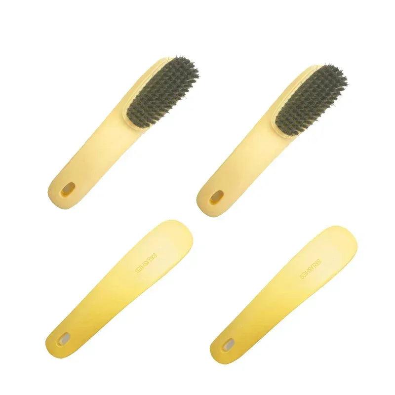 Shoe cleaning brush set of 4 with yellow handles and dark bristles
