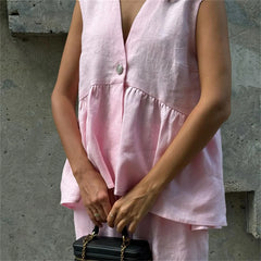 Fashion Pink 2 Piece Set Women Summer Chic Elegant Outfit Single Breasted Sleeveless Ruffles Tank Top Loose Wide-leg Pants Sets