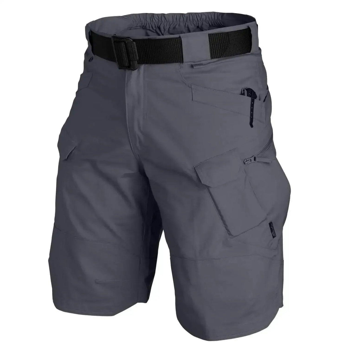 Men's cargo tactical shorts, grey with elastic waistband, belt loops, side cargo pocket