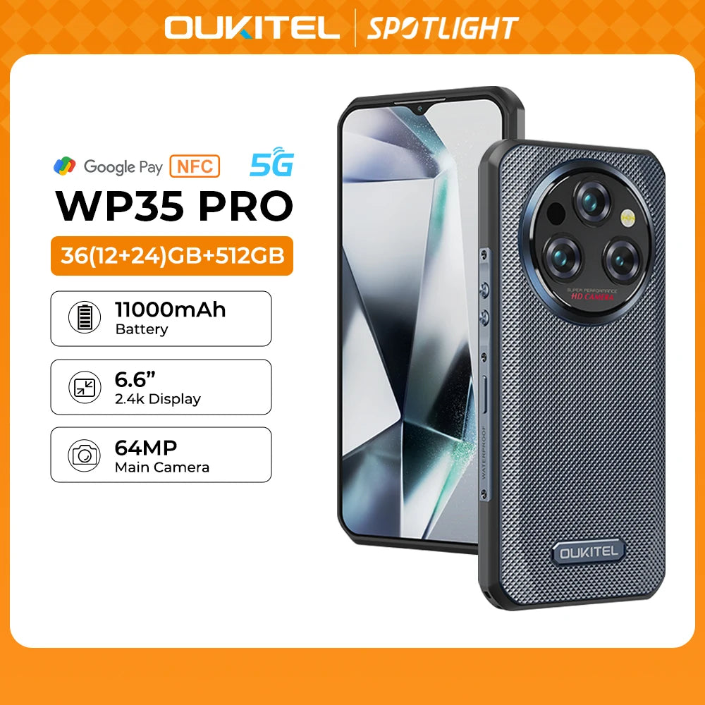 Oukitel WP35 PRO Rugged Smartphone 5G 11000mAh 36GB+512GB, 6.6" 2.4K Display Andiron 14, 64 MP, NFC Cell Phone