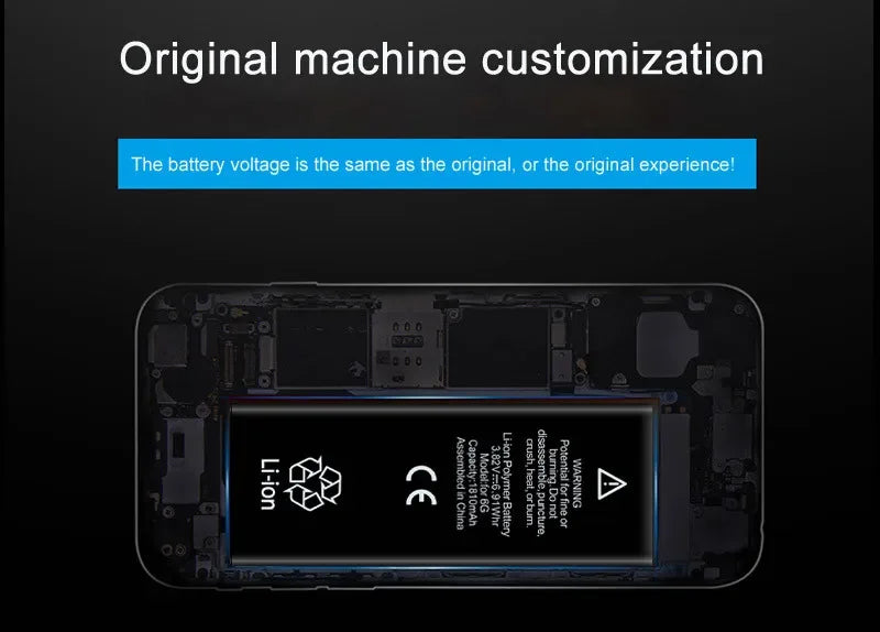 Mumzar iPhone 11 to 14 replacement battery installed in phone interior showing original machine customization