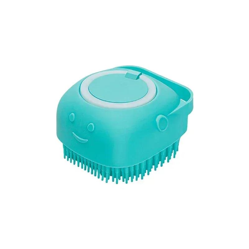 Teal pet grooming brush with soft silicone massage bristles