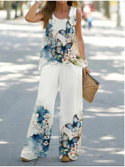 Casual High Street Fashion T-Shirt Straight Leg Pants Suit Women's Printed Sleeveless Vest Loose Pants Simple Summer Set Clothes