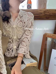 Long Sleeve Crochet Knit Top Beach Bikini Cover Up Button-up Cardigan Blouse Women blusas para mujer Vacation Boho Outfit