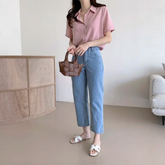 Ele Chiffon irt ort Sve Summer New Loose Collar  Ne White Top Women's Faion Commute Sle Straight Cut