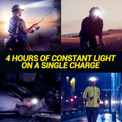 Head-mounted rechargeable headlamp with yellow LED bar and front white spotlight