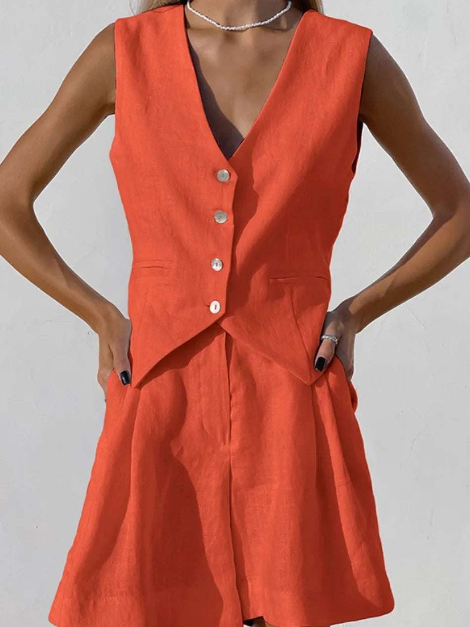 Summer European and American Design Sense Cotton and Linen Suit Vest Suit Women's  Casual Sleeveless Vest Shorts Two-piece Set