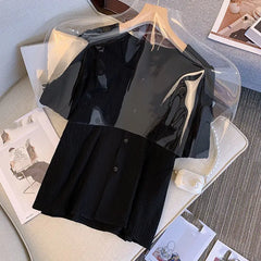 Ele Bla Bubble Sve irt Women's Summer Thin Korean Sle Square Collar Doll irt ort Sve Lace Snowflake Design