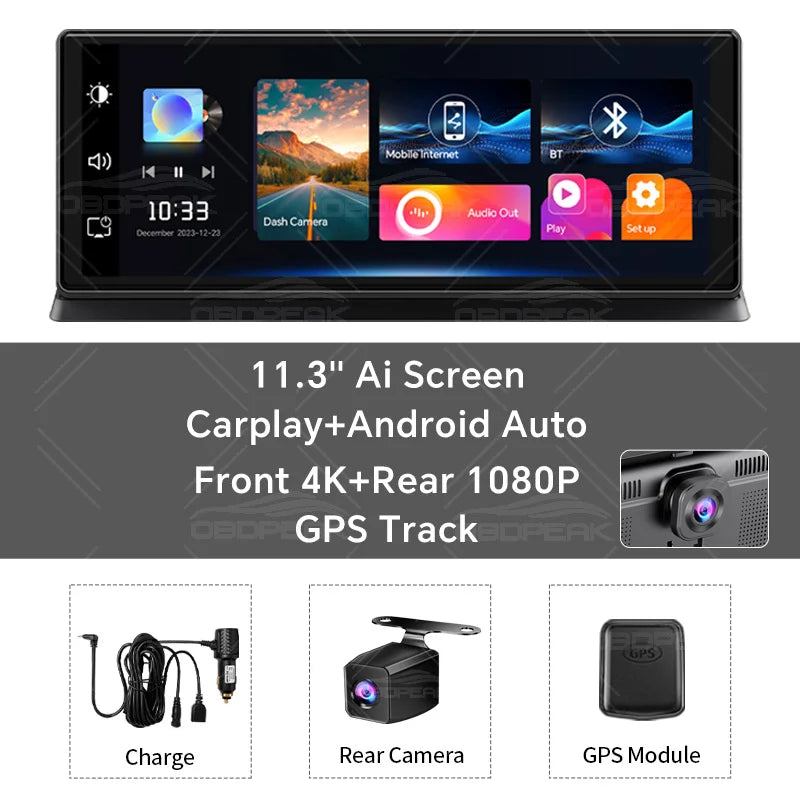 K2 Pro 11.3 بوصة سيارة DVR 4K كاميرا لاسلكية Carplay أندرويد أوتو شاشة Ai كاميرا لوحة القيادة مزدوجة العدسة مسجل فيديو نظام تحديد المواقع والملاحة لوحة القيادة