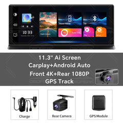 K2 Pro 11.3 بوصة سيارة DVR 4K كاميرا لاسلكية Carplay أندرويد أوتو شاشة Ai كاميرا لوحة القيادة مزدوجة العدسة مسجل فيديو نظام تحديد المواقع والملاحة لوحة القيادة