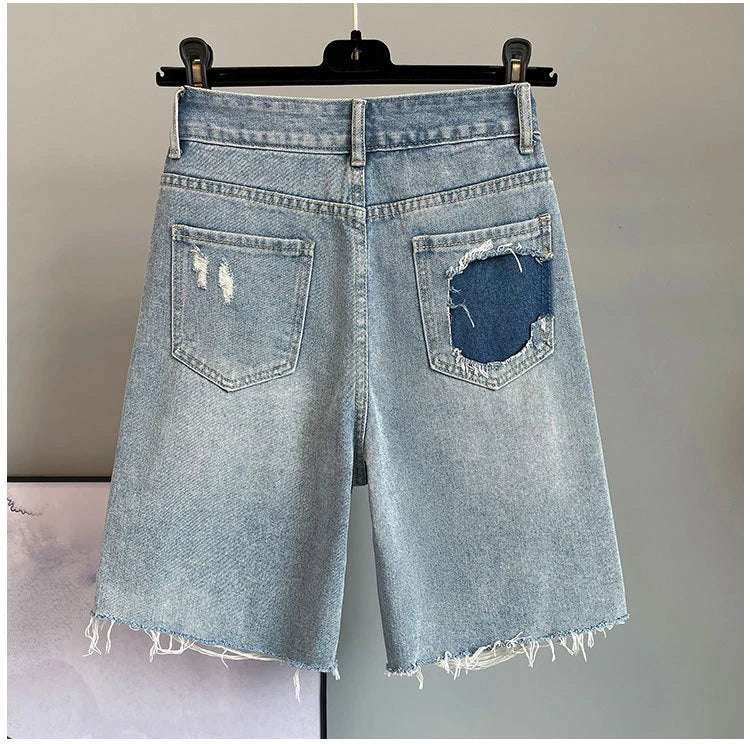 High Waist Loose Fit  Diamond Embellied Denim Five-Point Pants Summer New Sle Women's Trendy Hole Punch Jeans
