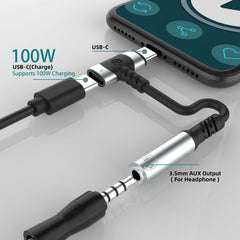 محول سماعات أذن وشاحن USB C إلى 3.5 مم 2 في 1 من النوع C إلى مقبس ميكروفون Aux، مع دونجل تشفير الشحن السريع PD 100 وات.