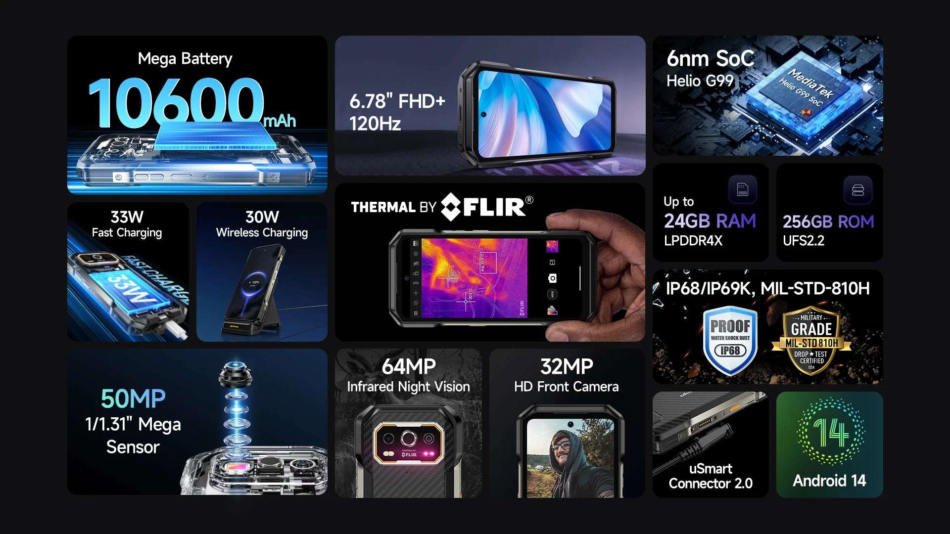 Ulefone Armor 27T 4G THERMAL BY FLIR® Rugged Phone 10600mAh Up to 24GB+256GB  6.78"FHD 120Hz Night Vision Android 14 Smartphone