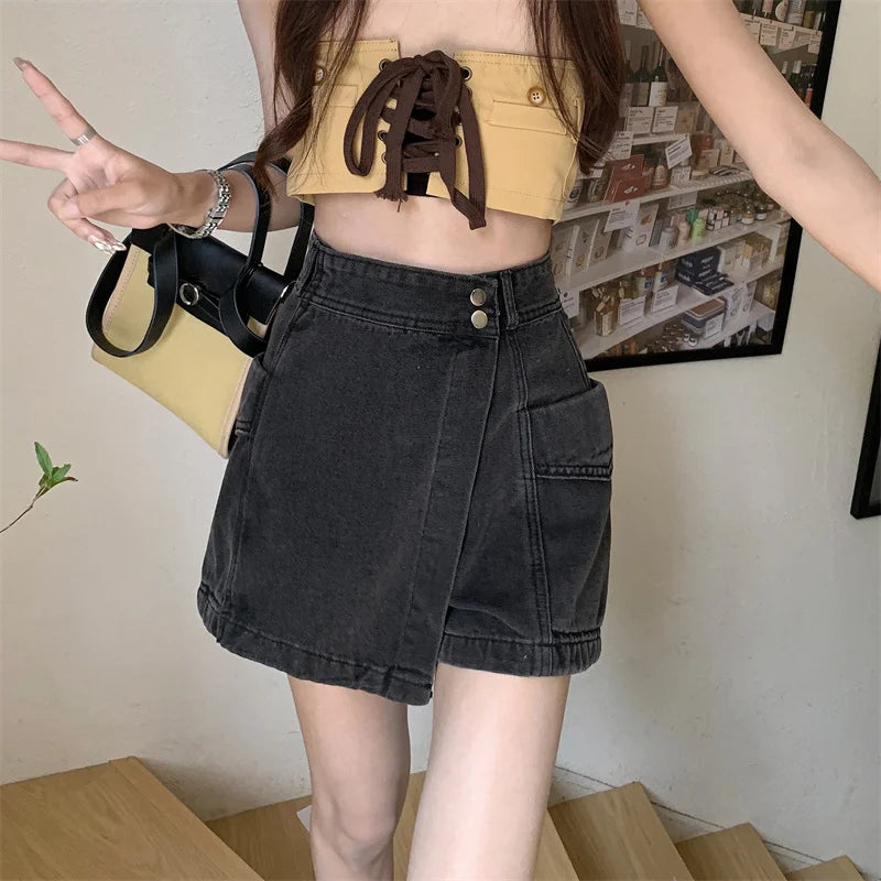High Waist Slimming Denim  Skirt Summer 2023 Women's plus Size Faionable orts Asymmetrical Jeans Skirt