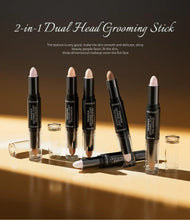 Dual head grooming stick with multiple shade sticks and small open containers