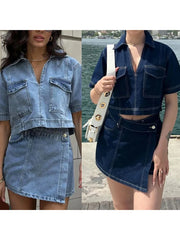 Women’s 2 Piece Denim Outfits Set Short Sleeve Lapel Neck Cropped Jean Pullover Tops + Button High Waist Asymmetrical Shorts