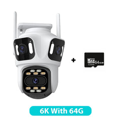 كاميرا IP خارجية ثلاثية العدسات PTZ بدقة 6K عالية الدقة وكاميرا أمان ثلاثية الشاشات مزودة بخاصية WiFi وتتبع تلقائي وكاميرا CCTV لاسلكية مزدوجة العدسات بدقة 4K iCsee