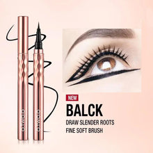 Two rose-gold black eyeliner pens and a close-up eye with winged liner