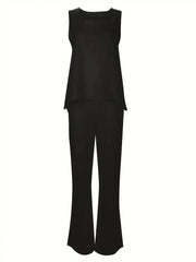 Plus Size 1XL-5XL Women's Casual Outfits Two Piece Set Solid Round Neck Tank Top  Wide Leg Pants Outfits 2 Piece Set