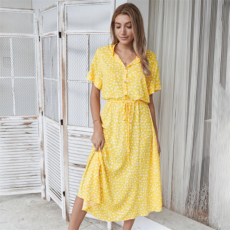 Polka Dot Short Sleeved Dress shirt Collar  Dress European and American Fashion Dress