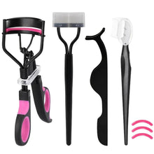 Eyelash curler set with black frame, pink pads, and replacement tools for curling lashes