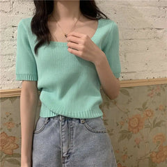 Slim Fit ort Sve Ice Silk Knitted irt Women's Faion Spring Summer Thin Sle Square Collar Princ Sve Top