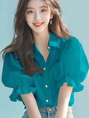 Ele Yellow Bubble Sve irt Thin Top Women's Faion Summer New Unique Beautiful High-End Feel Loose Fit  Collar