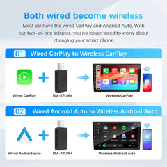 محول 2 في 1 سلكي إلى لاسلكي CarPlay Android Auto لجهاز ستيريو السيارة OEM مع قابس USB والتشغيل