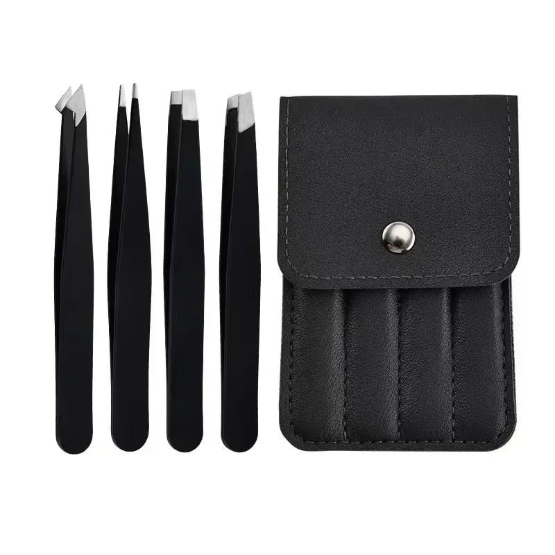 Set of black eyebrow tweezers with silver tips and a black storage pouch