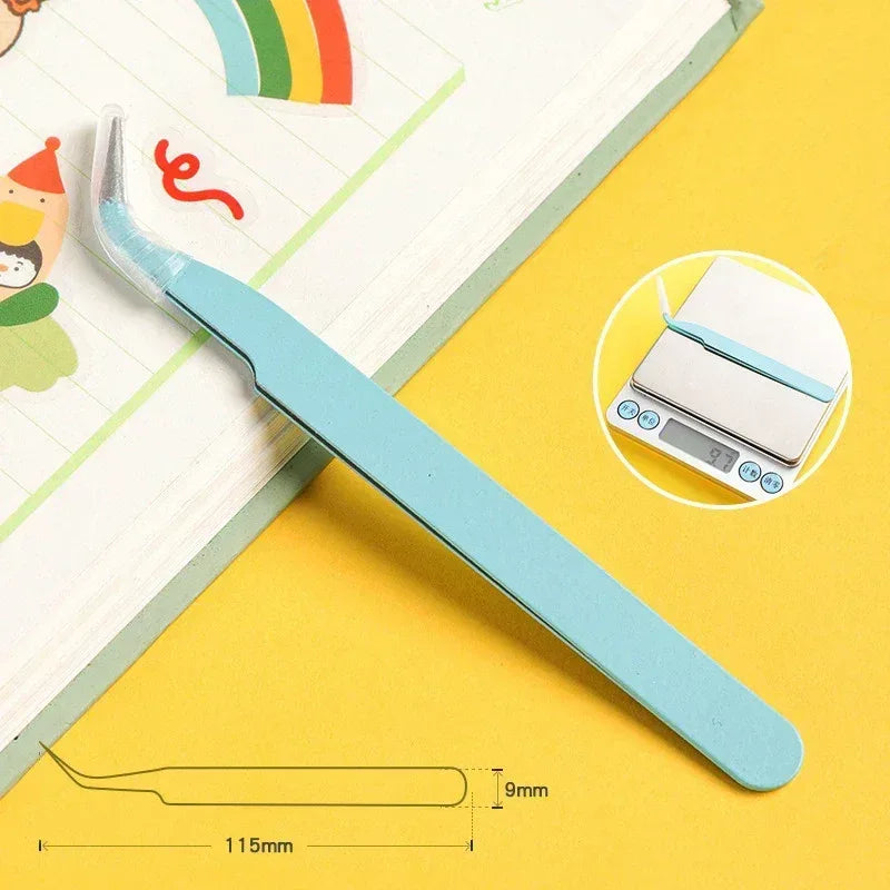 Eyelash tweezer with curved tip, light blue handle