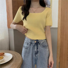 Slim Fit ort Sve Ice Silk Knitted irt Women's Faion Spring Summer Thin Sle Square Collar Princ Sve Top