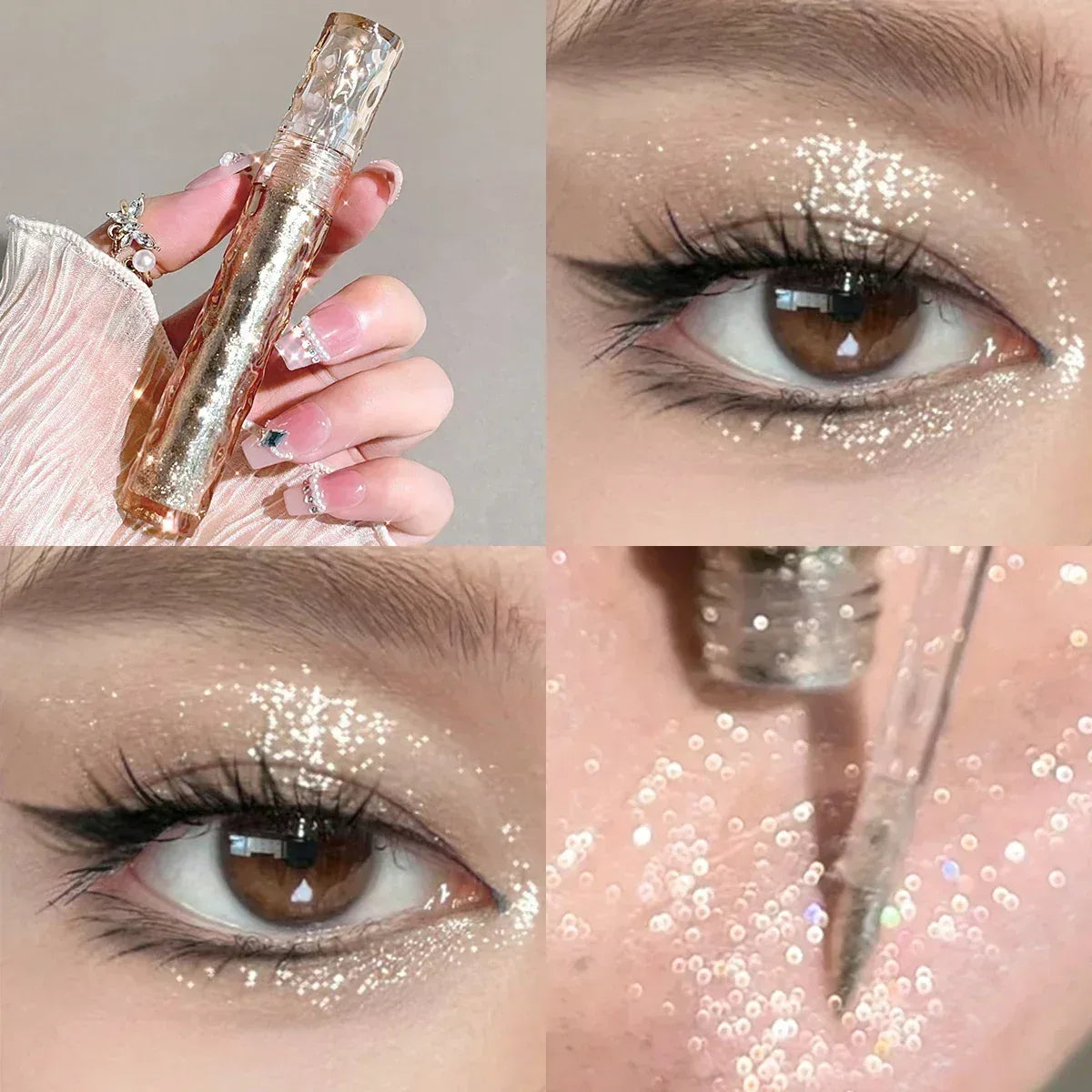 Pearlescent glitter liquid eye shadow applied on eyelids with sparkly dots