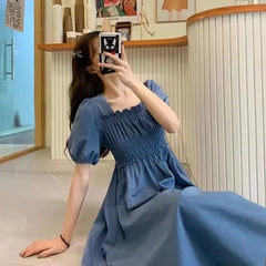 فستان نسائي صيفي من Faion بياقة مربعة من Sweet Retro Dr Tea Break First Love Long Bla Dr Waist Cinched