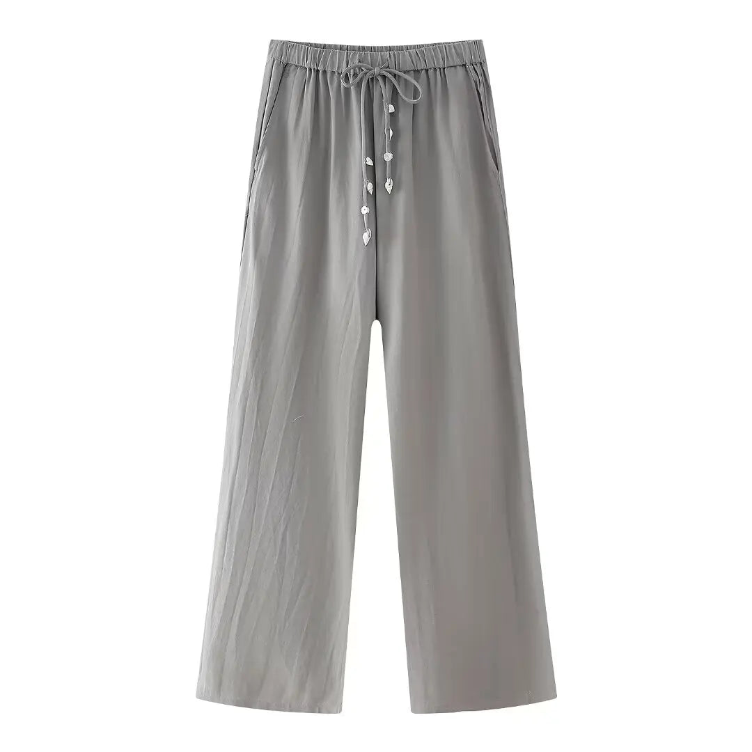 DUOPERI Women 2 Pieces Sets Shell Ornament Tops Camisole and High Elastic Waist Trousers Chic Lady Casual Pant Coordinates