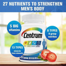 Centrum Men multivitamin bottle with 120 capsules and strawberry on label