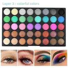 Colorful eyeshadow palette layout with multiple round shades and matching color eye looks