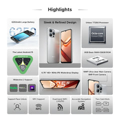 Global Version DOOGEE Note 58 Smartphone 32GB(8+24) 128GB 6.75" HD+ 90Hz Screen 6250mAh Battery Octa Core Processor Android 15